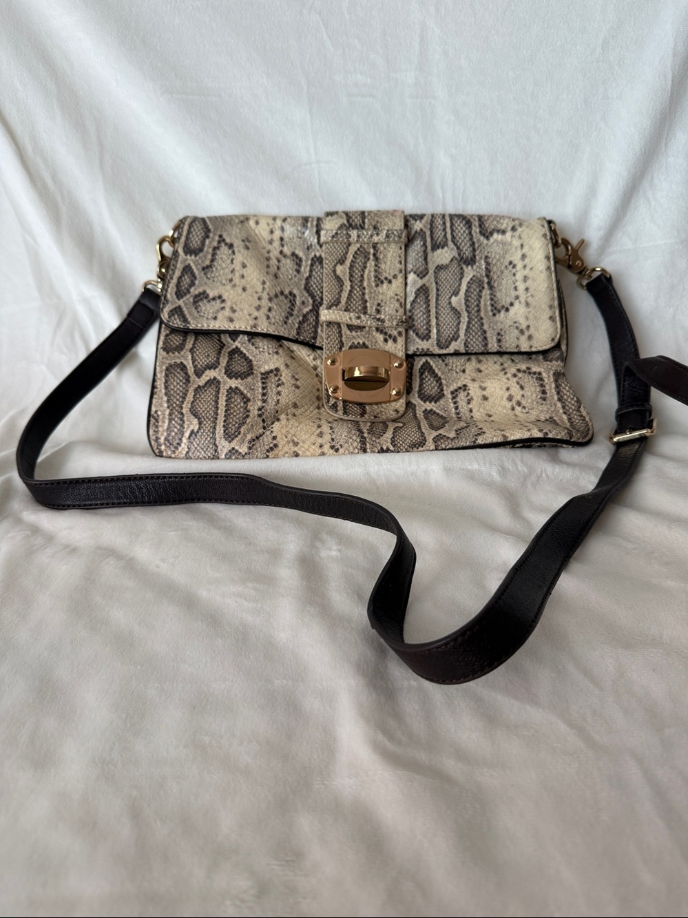 Sondra Roberts Python Print Leather Crossbody Beige Neutral Statement Purse